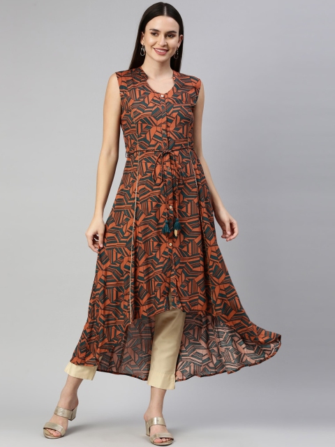 

Neerus Women Rust & Grey Geometric Printed Gotta Patti High Low Anarkali Kurta