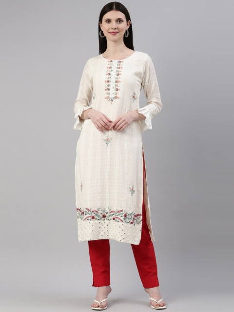 

Neerus Women Cream-Coloured Floral Embroidered Kurta