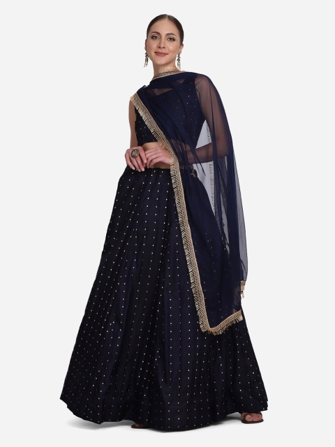 

Atsevam Women Navy Blue & Gold-Toned Semi-Stitched Lehenga Choli