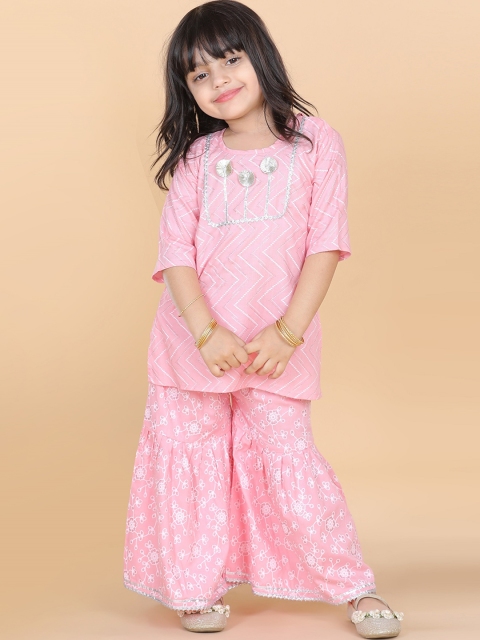 

ADIVA Girls Pink Angrakha Gotta Patti Pure Cotton Kurti with Sharara