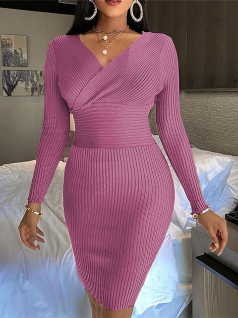 

La Aimee Women Purple Solid Ribbed Bodycon Dress