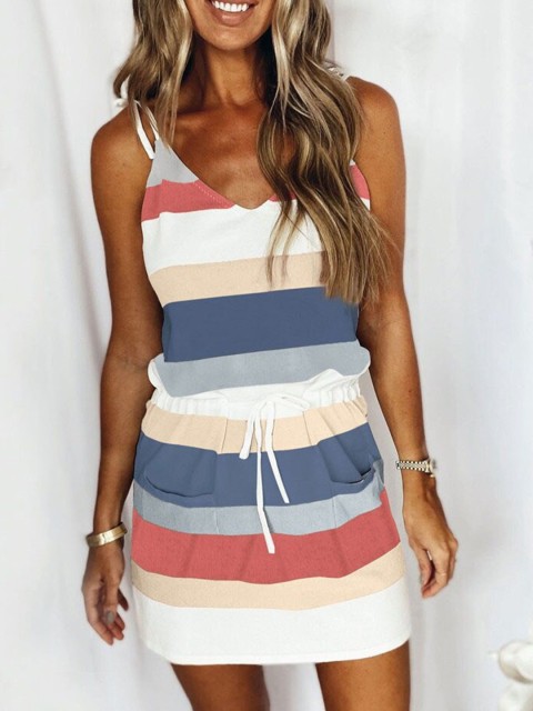 

La Aimee Khaki Striped A-Line Mini Dress
