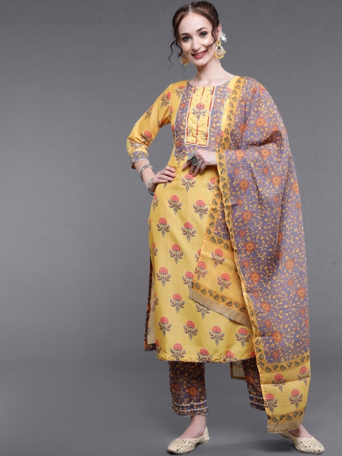 

saubhagya Women Yellow & Grey Ethnic Motifs Printed Kurta Set