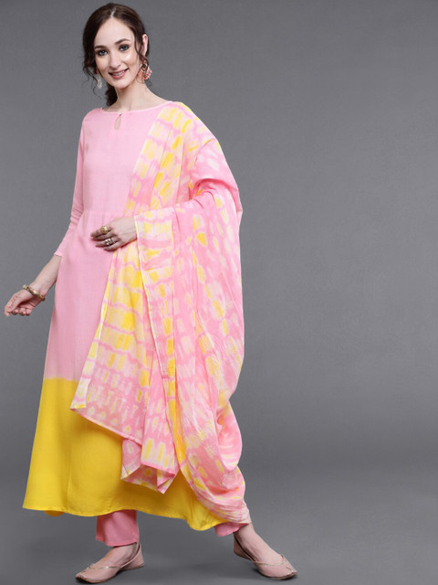 

saubhagya Women Pink Bandhani Colourblocked Kurta with Palazzos & Dupatta