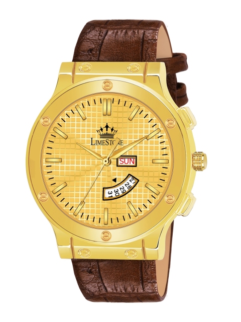 

LIMESTONE Men Gold-Toned Brass Printed Dial & Brown Straps Analogue Watch LS3022