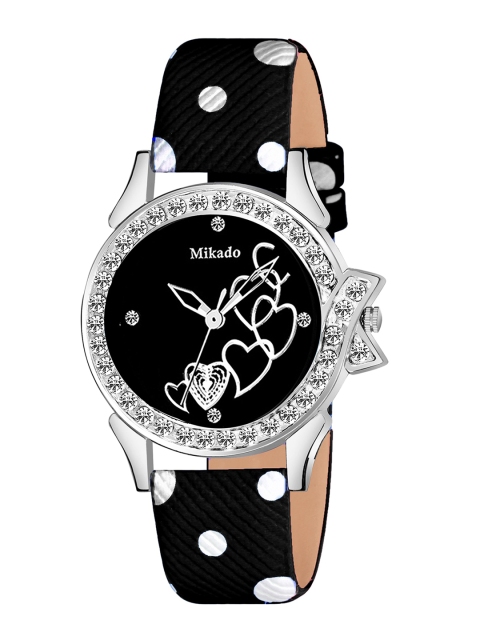 

Mikado Women Black Brass Embellished Dial & Black Leather Straps Analogue Watch SS 1543