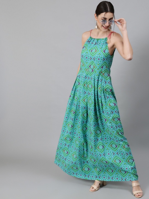 

Awadhi Women Blue Bandhani Printed Cotton Maxi Dress