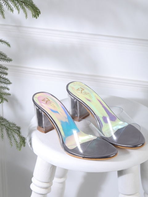 

R DEZINO Silver-Toned Peep Toe Block Heel Sandals`
