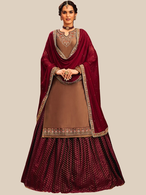 

UNITED LIBERTY Brown & Gold-Toned Embroidered Satin Semi-Stitched Dress Material