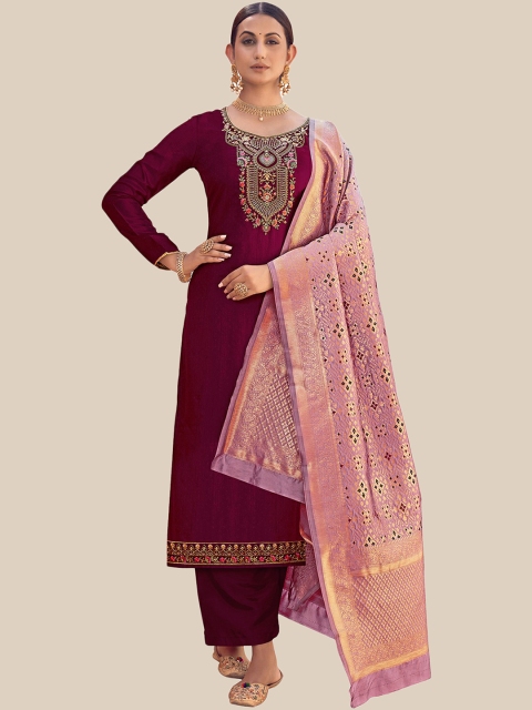 

UNITED LIBERTY Women Maroon & Mauve Embroidered Satin Semi-Stitched Dress Material