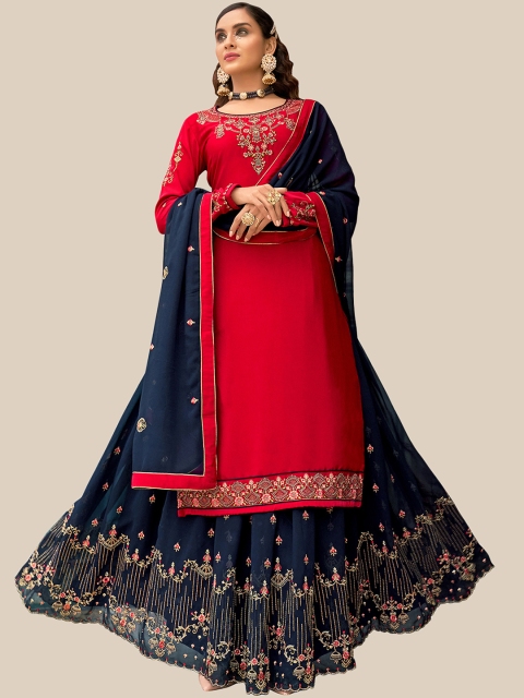 

UNITED LIBERTY Women Red & Blue Embroidered Semi-Stitched Dress Material