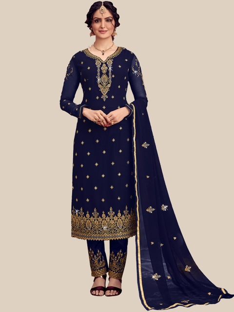 

UNITED LIBERTY Blue & Golden Embroidered Semi-Stitched Dress Material