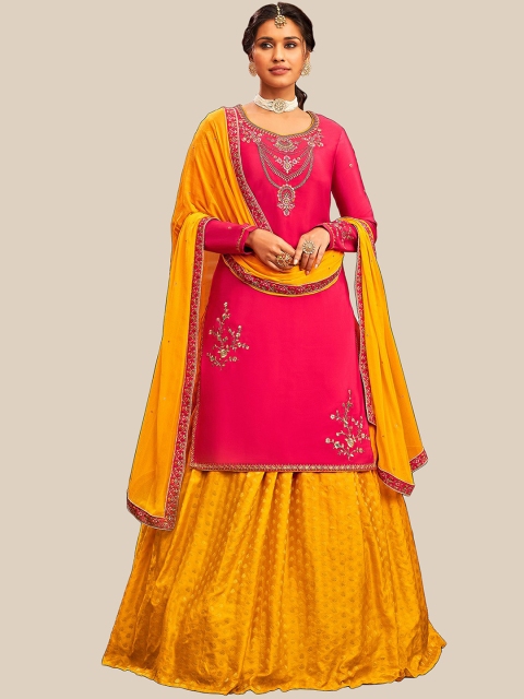 

UNITED LIBERTY Pink & Yellow Embroidered Satin Semi-Stitched Dress Material