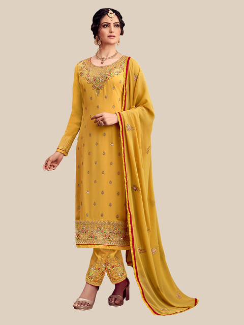 

UNITED LIBERTY Women Yellow & Gold-Toned Embroidered Semi-Stitched Dress Material