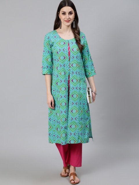 

Awadhi Women Sea Green & Pink Bandhani Printed Kurta