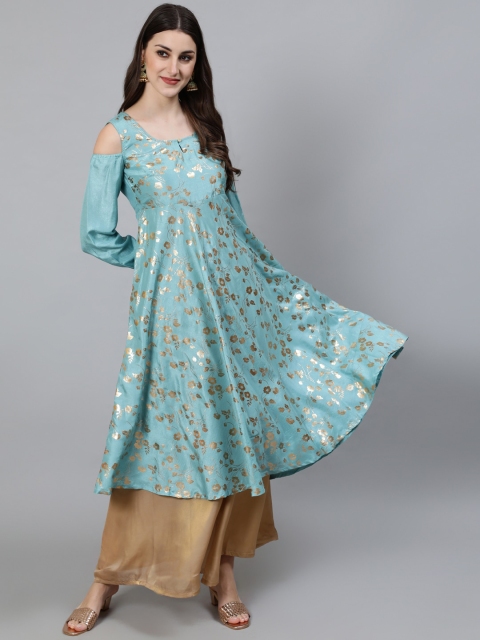 

Awadhi Women Blue & Gold-Toned Floral Printed Cold-Shoulder Sleeves Anarkali Kurta