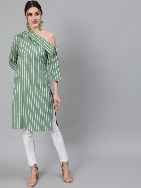 

Awadhi Women Green & Beige Striped Cold-Shoulder Sleeves Kurta