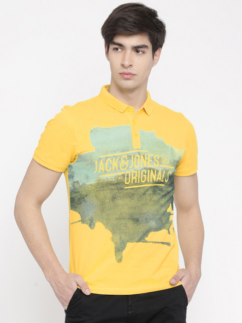 

Jack & Jones Men Yellow Printed Polo Collar Slim T-shirt