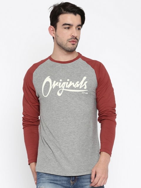 

Jack & Jones Men Grey Melange & Maroon Printed Round Neck Slim T-shirt