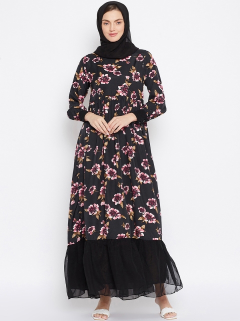 

NABIA Women Black Floral Printed Burqas with Georgette Scarf