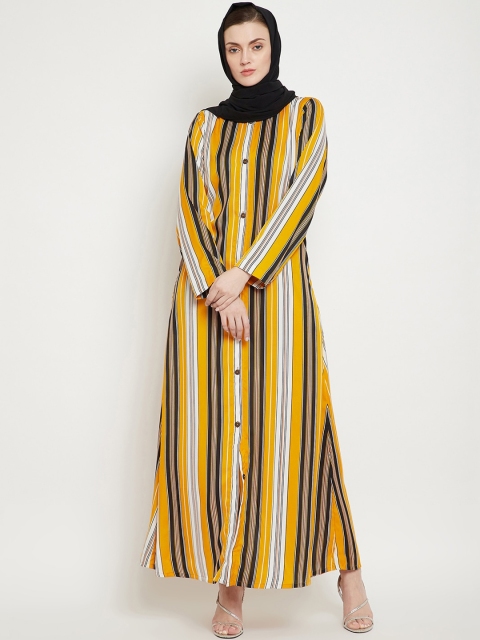 

NABIA Women Yellow & Black Striped Abaya Burqa With Scarf