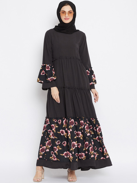 

NABIA Women Black Printed Abaya Burqa With Scarf