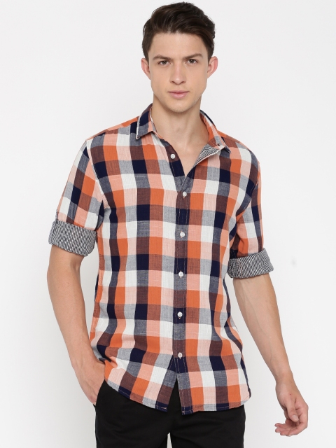 

Jack & Jones Men Orange & Navy Checked Casual Shirt