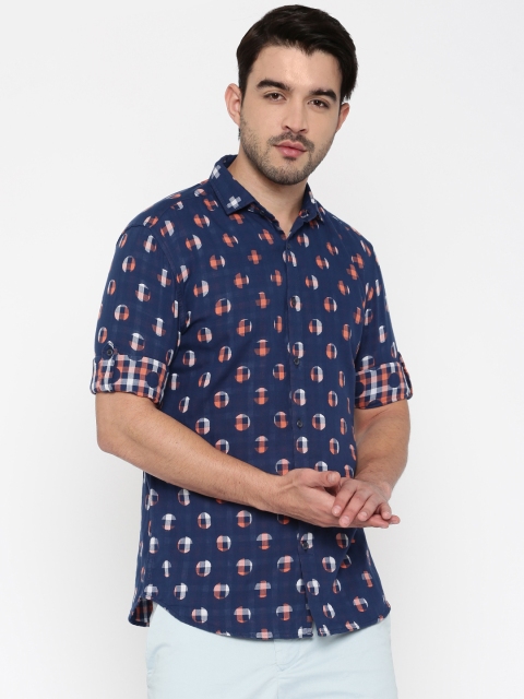 

Jack & Jones Men Navy & Coral Orange Patterned Casual Shirt, Navy blue