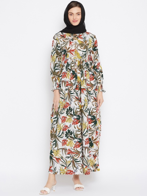 

NABIA Women White & Green Printed Abaya Burqa With Scarf