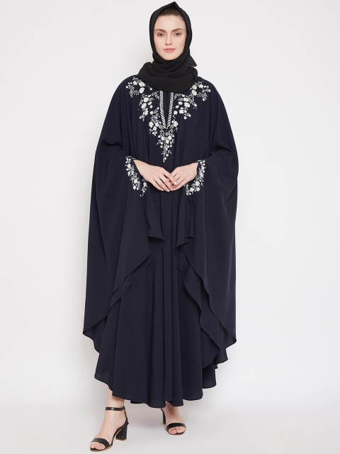 

NABIA Women Navy Blue Embroidered Irani Kaftan Abaya Burqa with Georgette Scarf