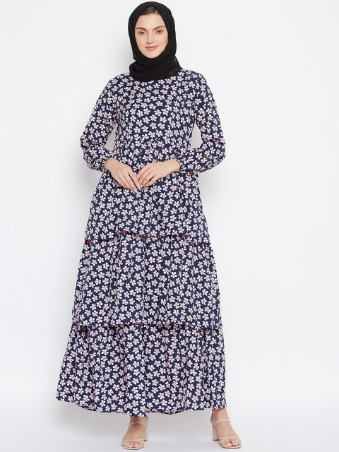 

NABIA Navy Blue & White Printed Frill Abaya Burqa With Scarf