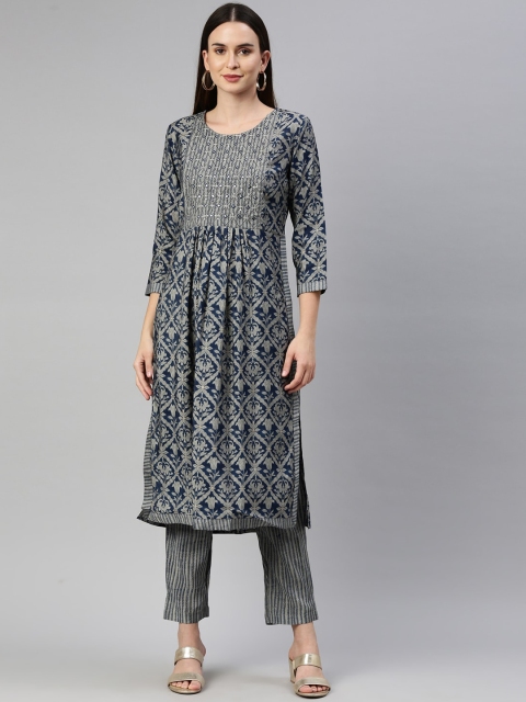 

Neerus Women Blue Ethnic Motifs Printed Pleated Mirror Work Kurta with Trousers