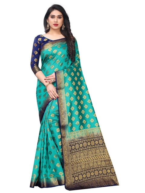 

SATYAM WEAVES Sea Green & Navy Blue Woven Design Zari Silk Cotton Banarasi Saree