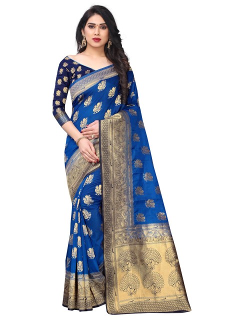 

SATYAM WEAVES Blue & Gold-Toned Ethnic Motifs Silk Cotton Banarasi Saree
