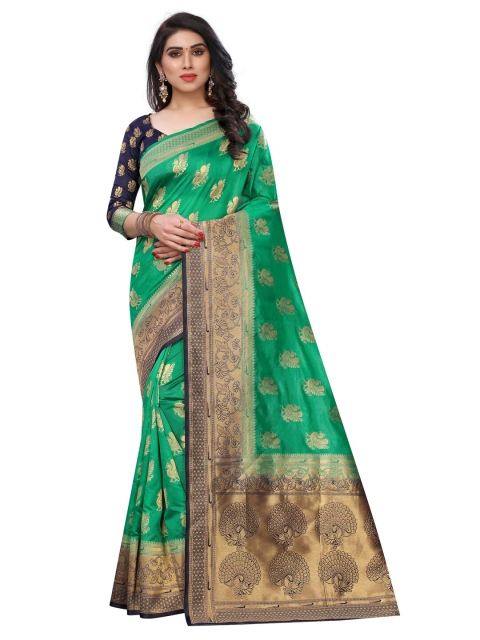 

SATYAM WEAVES Green & Golden Ethnic Motifs Zari Silk Cotton Banarasi Saree