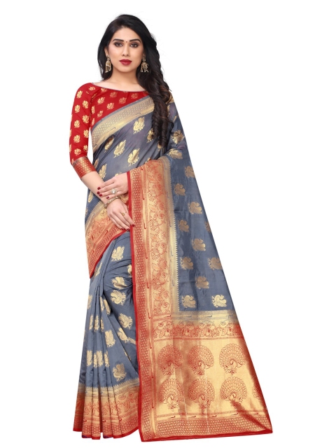 

SATYAM WEAVES Grey & Red Ethnic Motifs Silk Cotton Banarasi Saree