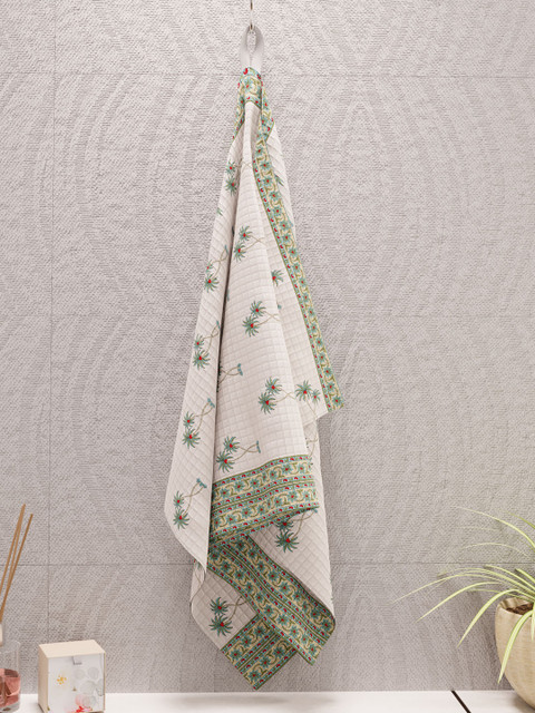 

LA VERNE White & Green Hand-Block Printed 300 GSM Pure Cotton Bath Towel 100% Cotton