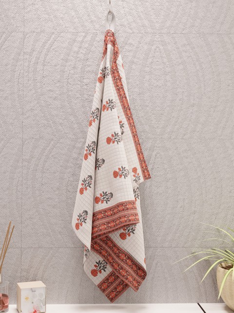 

LA VERNE White & Orange Hand Block Printed 300 GSM Pure Cotton Jaipuri Bath Towel