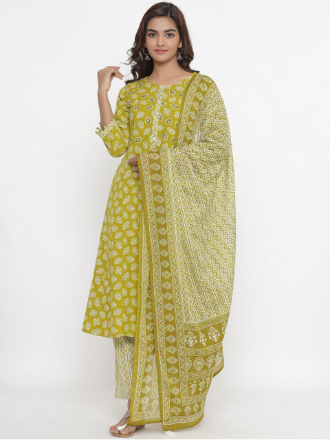 

JAVTA Women Green & White Ethnic Motifs Printed Kurta with Trousers & With Dupatta