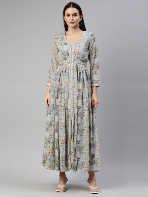 

Neerus Grey Floral Georgette Pleated Maxi Dress With Belt