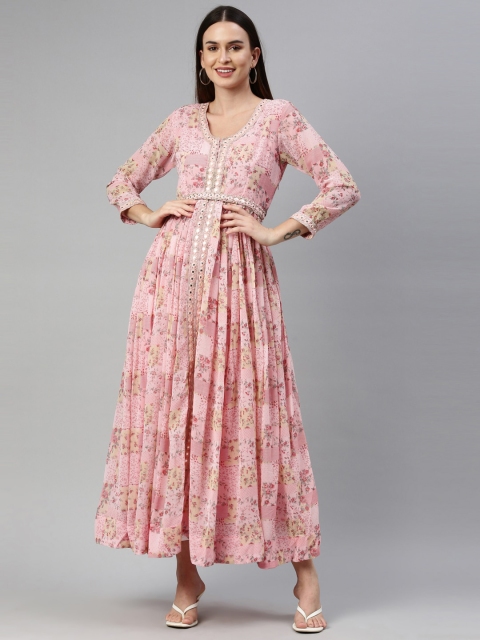 

Neerus Pink Floral Georgette Ethnic Maxi Dress