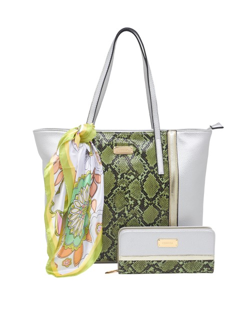 

ESBEDA White Snakeskin Print Shoulder Bag with Wallet & Scarf