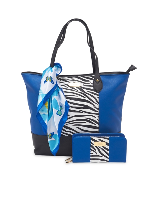 

ESBEDA Blue & Black Animal Print Shoulder Bag with Wallet & Scarf