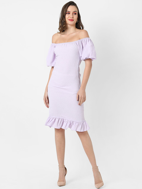 

Campus Sutra Purple Off-Shoulder Crepe Bodycon Dress