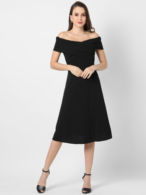 

Campus Sutra Black Off-Shoulder Crepe A-Line Dress
