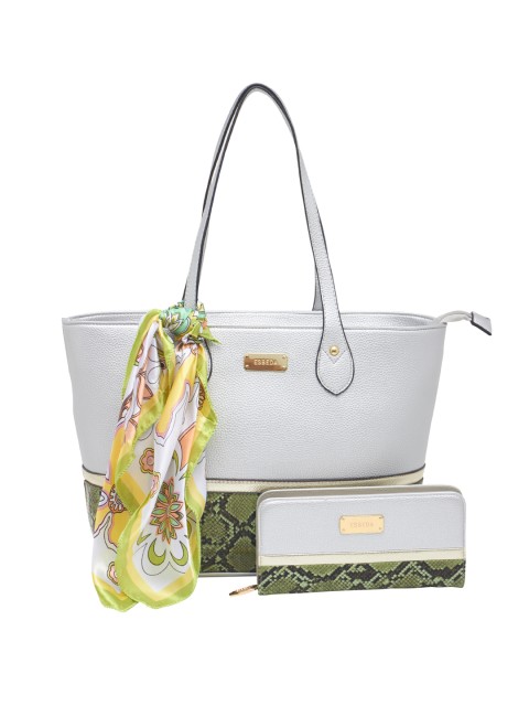 

ESBEDA White & Olive Green Snakeskin Print Shoulder Bag with Wallet & Scarf