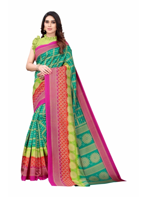 

AADVIKA Green & Yellow Floral Printed Mysore Silk Saree