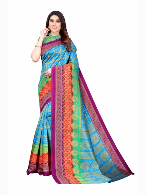 

AADVIKA Blue & Green Printed Mysore Silk Saree