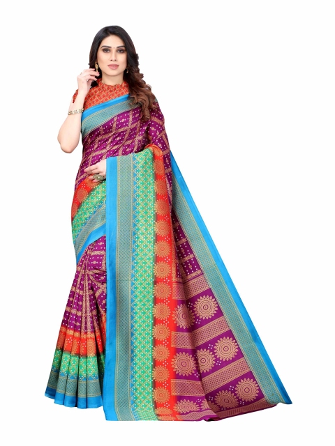

AADVIKA Purple & Blue Printed Mysore Silk Saree