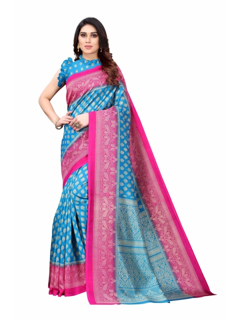 

AADVIKA Blue & Magenta Ready to Wear Printed Mysore Silk Saree